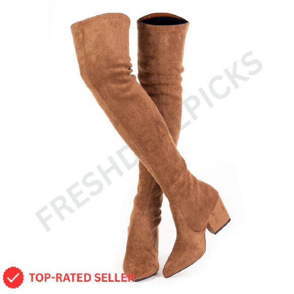 Thigh High Over Knee Boots Block Heel Pointed Toe Stretch Suede Elegant